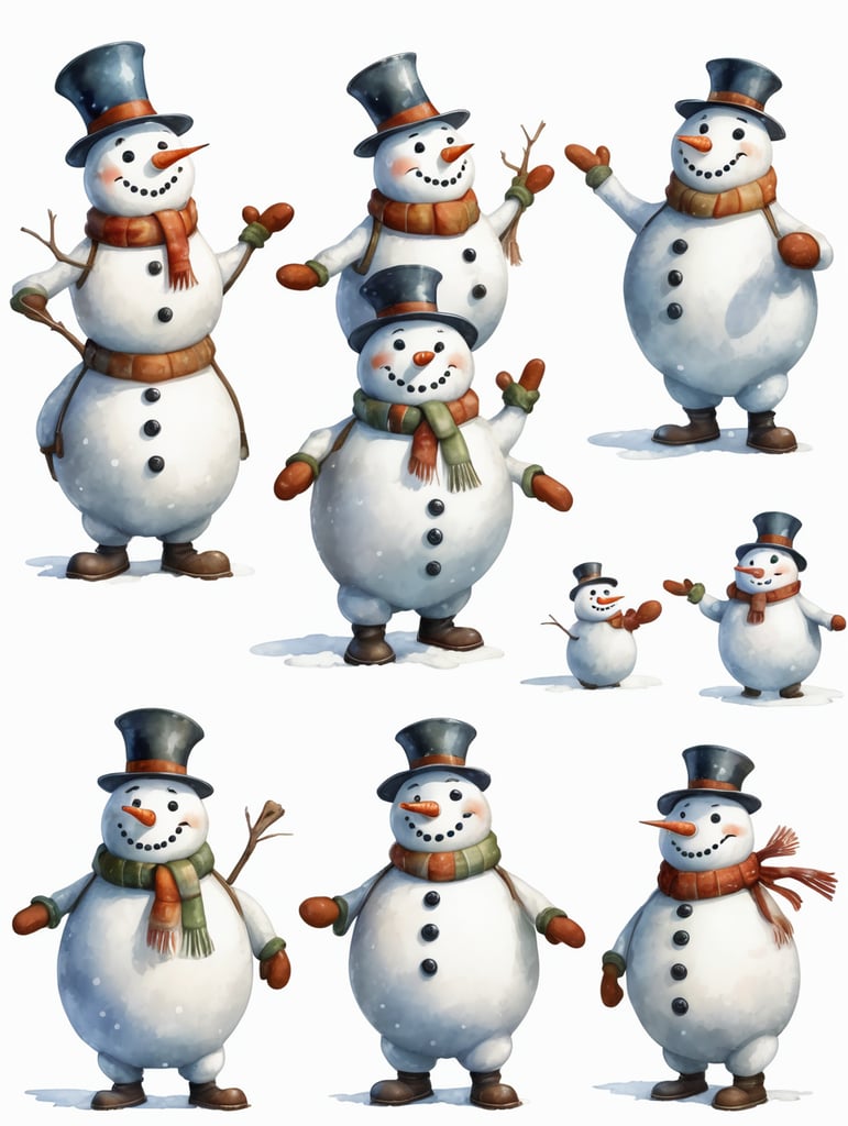 Snowman, different angles and expressions, full body only character sheets, multiple poses, white background, whimsical watercolor