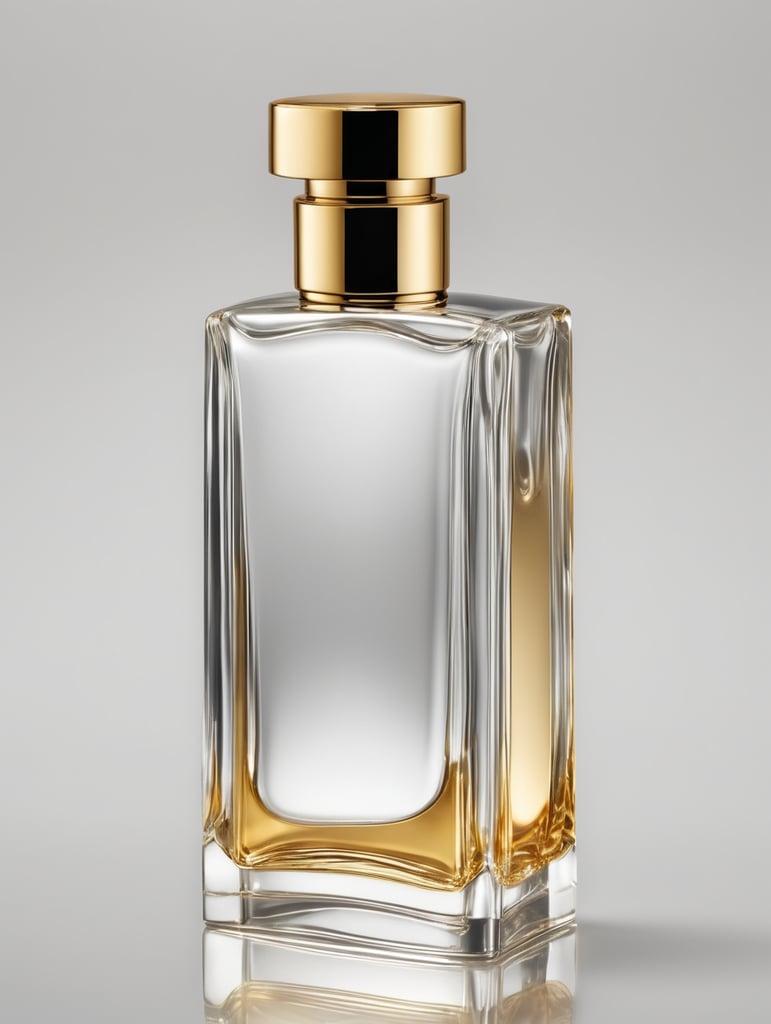 Front view Rectangular perfume filled glass bottle diagnol edges on shoulder and base Gold metalic octogone Cap with round neck