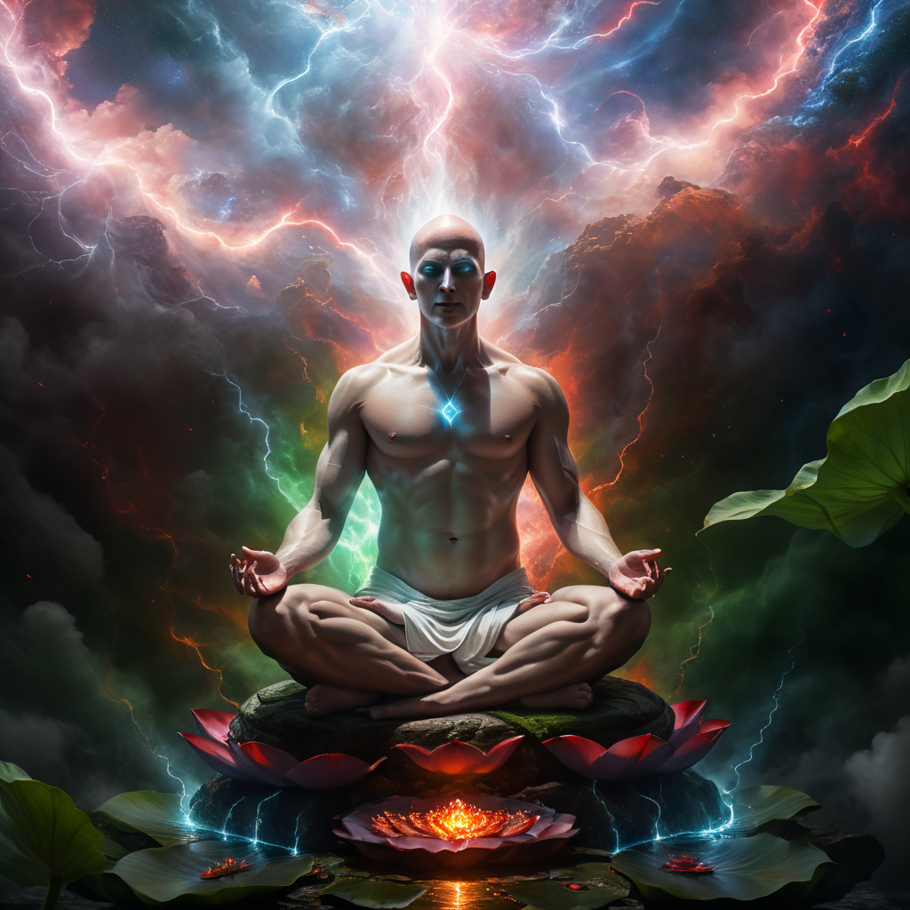a supernatural write aura baldness white glowing eyes in lotus position air floating sky in to cosmos space green red blue lightning