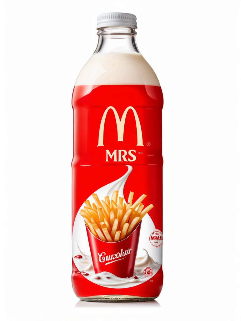 An advertisement shot of a Bottle in front of a white background. The label of the bottle shows a red "m" and french fries that are blending into a swirl of milk. A delicious beverage drink advertisement style