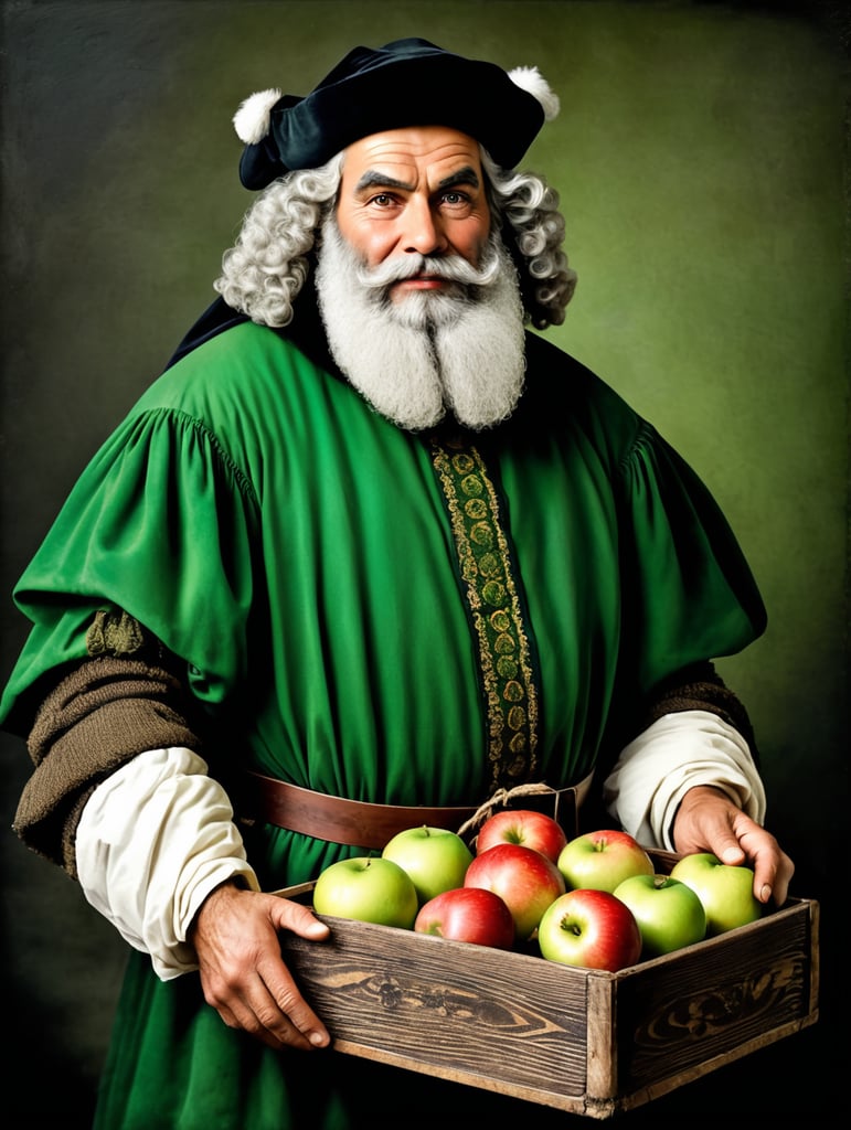 Portrait of an Italian Santa Claus in 17th century clothing holding a box of ripe apples. The apples have the right texture and green color. The box is made of dark wood with a beautiful texture.