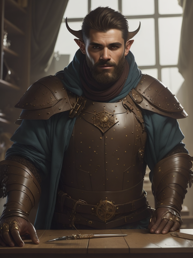 character concept art, a half-orc alchemist wearing leather armor and holding a complex mechanism in a medieval workshop, oak table + hyperdetailed digital illustration in the style of Robert Mccall, Don Bluth, Jean Giraud Moebius, Ralph Mcquarrie, Studio Ghibli, clean lines, 2d animation, cel-shading, stunning, dynamic, cinematic, highly detailed, expressive, lush, flowing textiles, simple