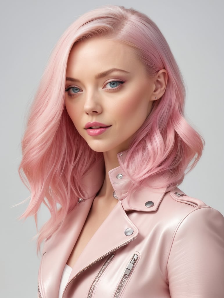 Amanda Seyfried with pink hair in pink leather leather posing, in the style of sleek metallic finish, solapunk, comic art, firmin baes, eye-catching, dark white and dark black, toyen