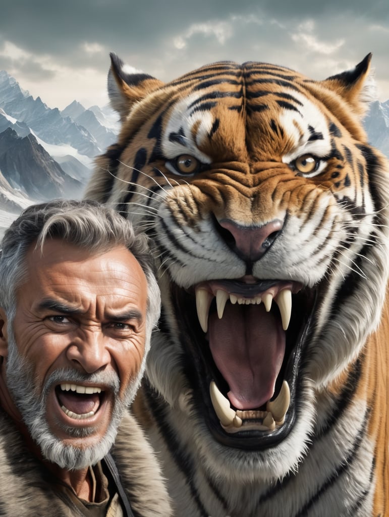 Selfie of an ancient man and snarling saber - toothed tiger, glacial background