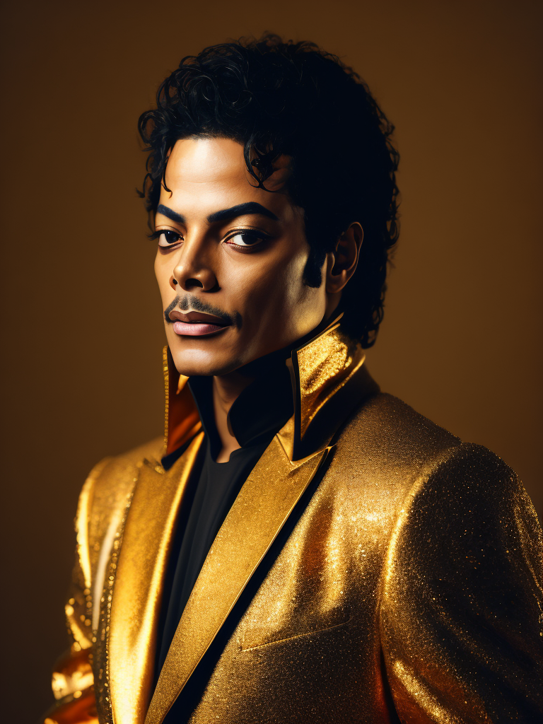 Portrait of Michael Jackson dressed in golden chrome suit, dark gradient background, Vivid saturated colors, Contrast light, studio photo, professional photo, Detailed image, detailed face