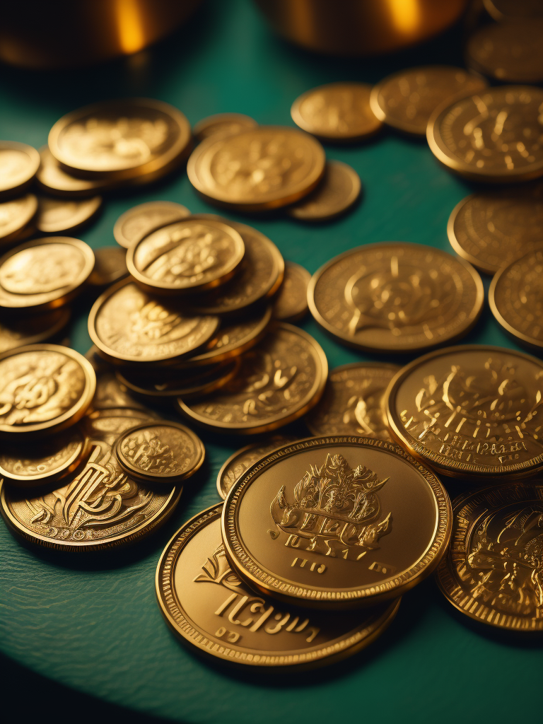 gold coins pile on green table, bright and saturated colors, elegant, highly detailed, vogue, fashion magazine, sharp focus, bright expressive makeup, dramatic lighting, depth of field, incredibly high detailed, blurred background'