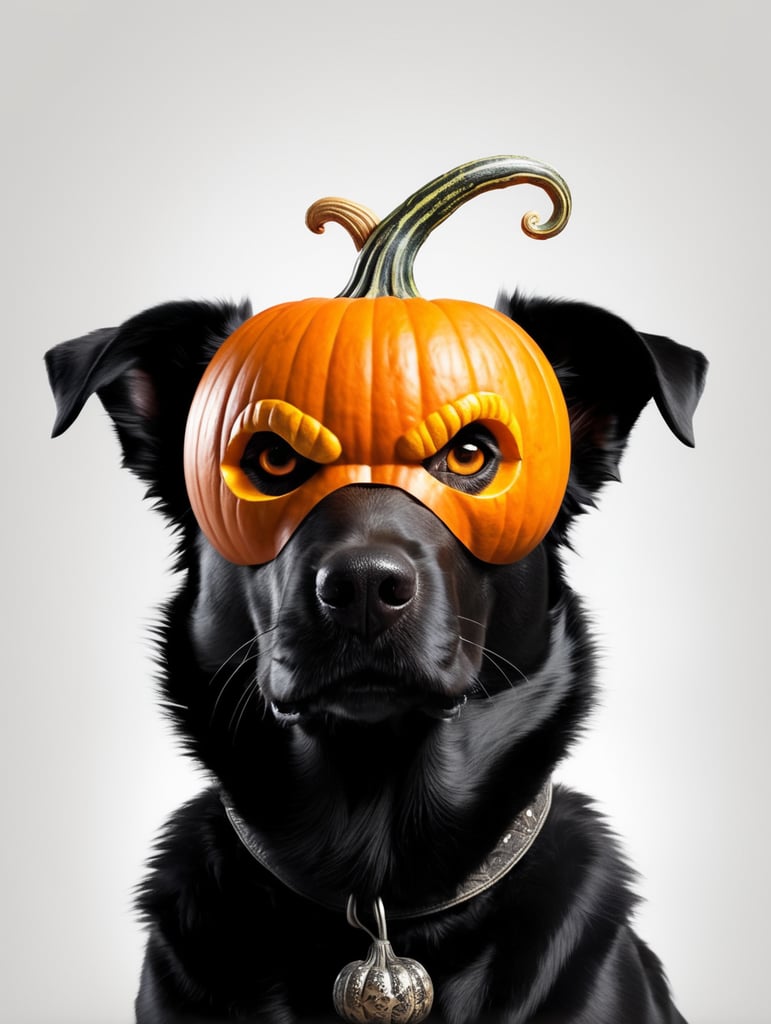 a black dog with Halloween pumpkin head, photorealistic illustration, scary, dark