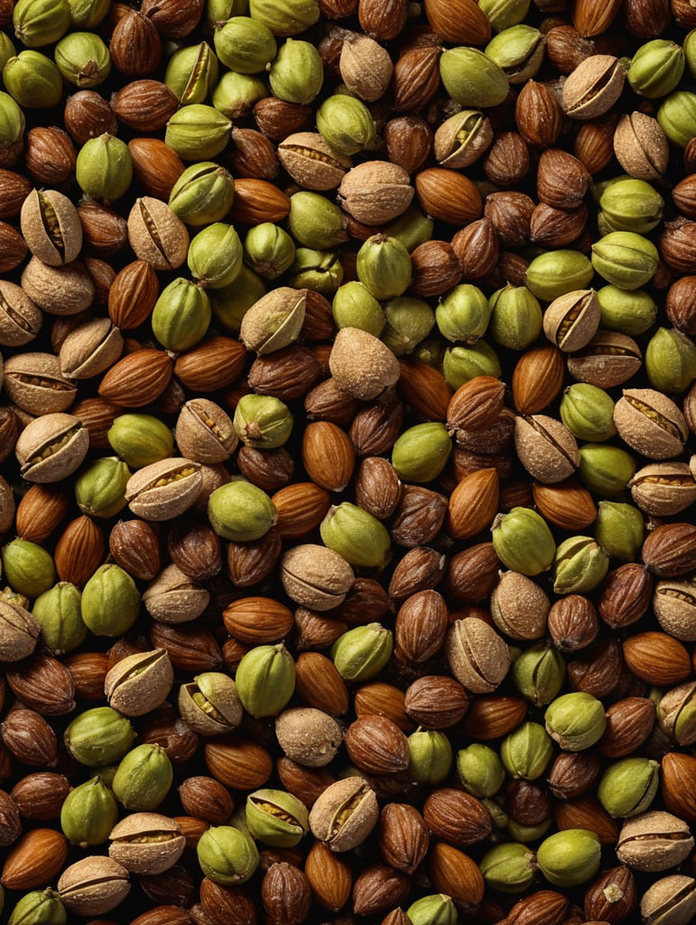 Create a background with an Explosion of pistache nuts, with a lot of space between them, realistic quality