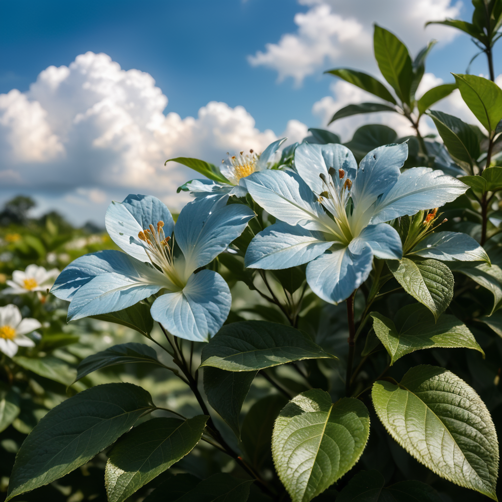 zoom bunga dan daun dengan pencahayaan sore hari di keadaan lembab, dengan awan biru yang sangat indah