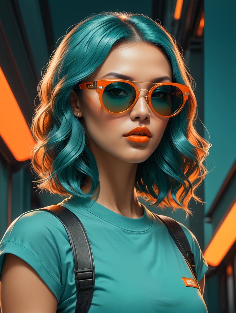 in the style of plastic fantastic. 3d character, hip hop, wearing ace & tate sunglasses, plain oversized t-shirt, and On Sneakers, vintage glamour ultramodern aesthetics electric teal fiery orange retro diva futuristic trappings voluminous hair reflective teal sunglasses muted gold attire ethereal makeup