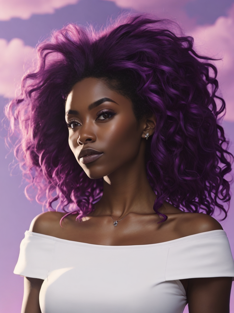 a woman with afro hair and a white shirt is standing in front of a purple sky with clouds and a pink hair, upperbody, midriff, Brom, flat colors, a character portrait, digital art, dark-skinned_female, dark_skin, navel_piercing, off_shoulder, pink_hair, purple_background, sky, long_hair