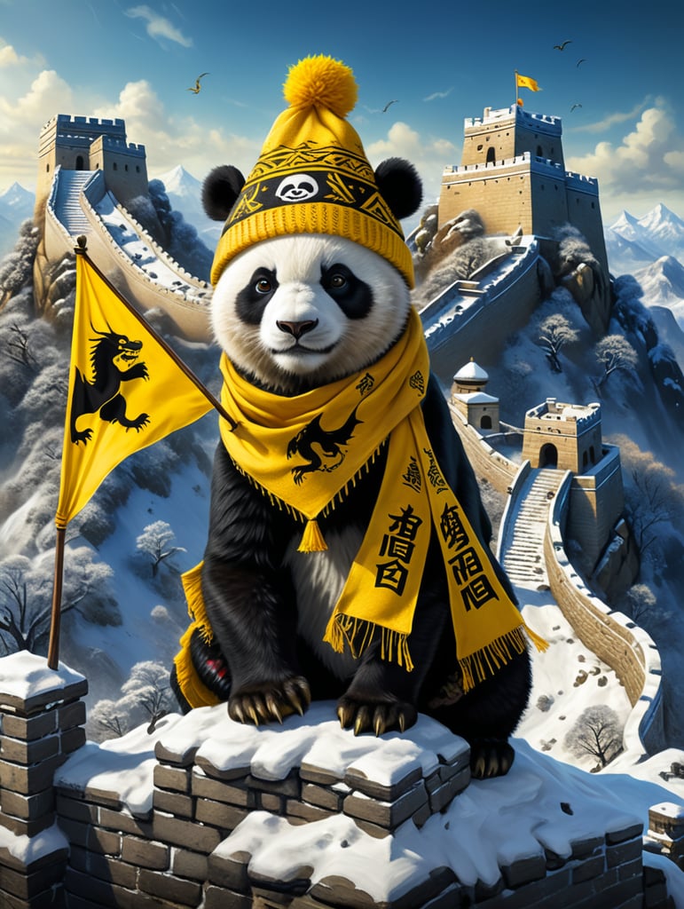 white and black panda sitting on a snowy moutain greatwall wearing a woolly hat and scarf and great wall has many yellow dragon triangle flags