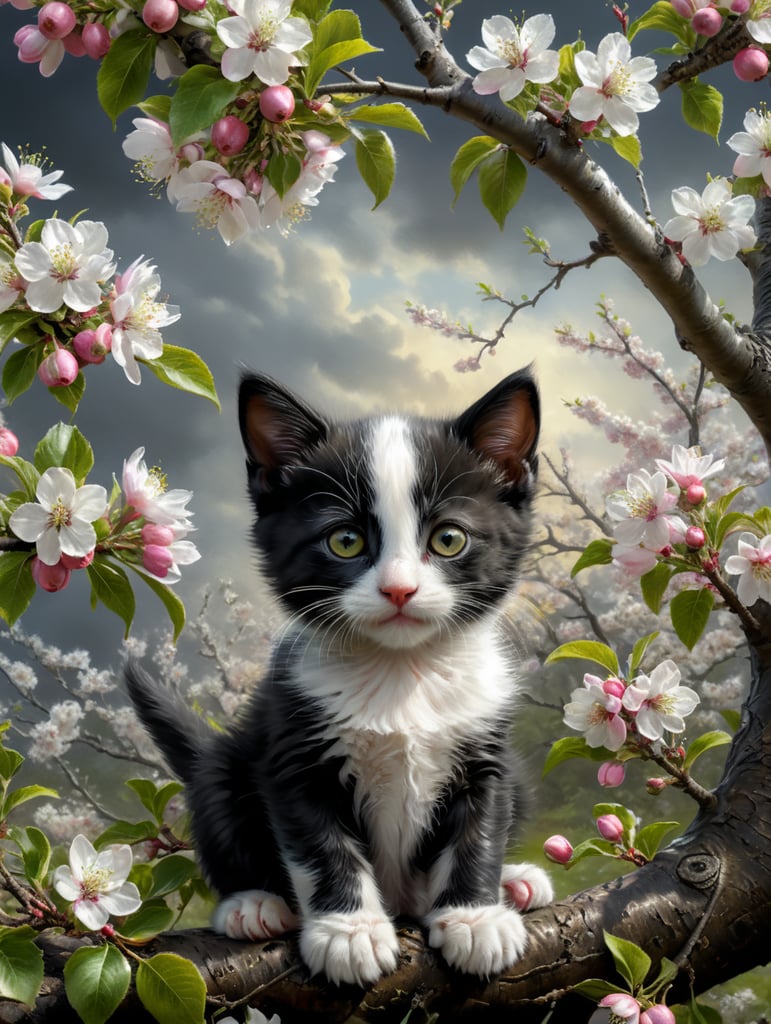 small black and white kitten sitting in an apple tree surrounded by apple blossom