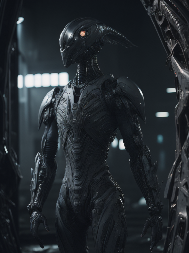 Alien biomechanic, full body cinematic style digital art render with mechanical and futuristic details