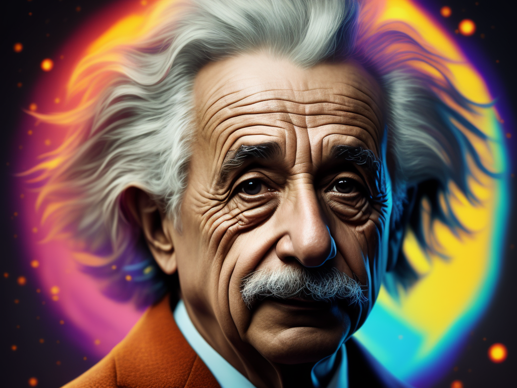 Portrait of Albert Einstein, bright and saturated colors, elegant, highly detailed, vogue, science magazine, sharp focus, dramatic lighting, depth of field, incredibly high detailed, blurred background