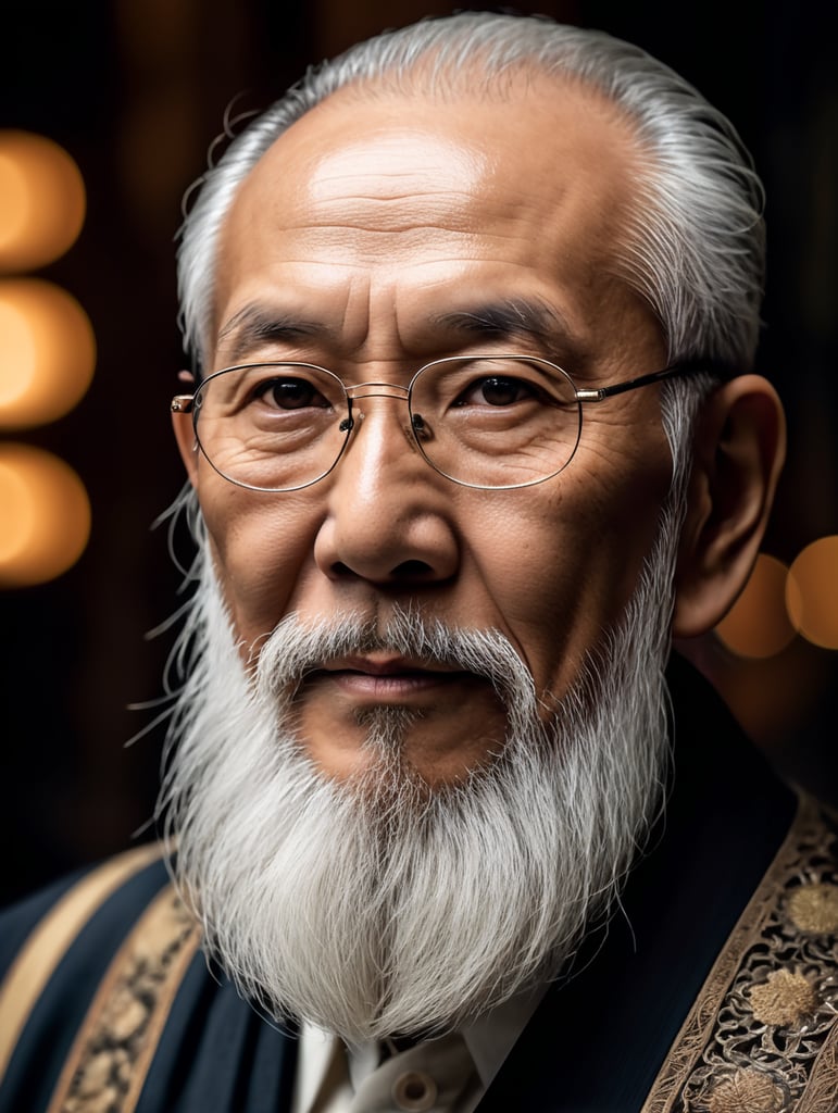 Wise old japanese man from tokyo with a long white beard, intricate, sharp focus, fantasy, cinematic lighting, other worldy, surreal 8k photo, dark moody aesthetic