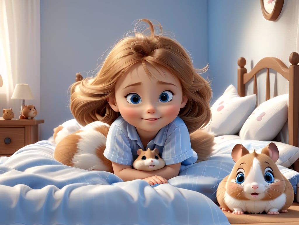 Light brown haired, blue eyed little girl waking up in bed with a cute little brown and white hamster beside her