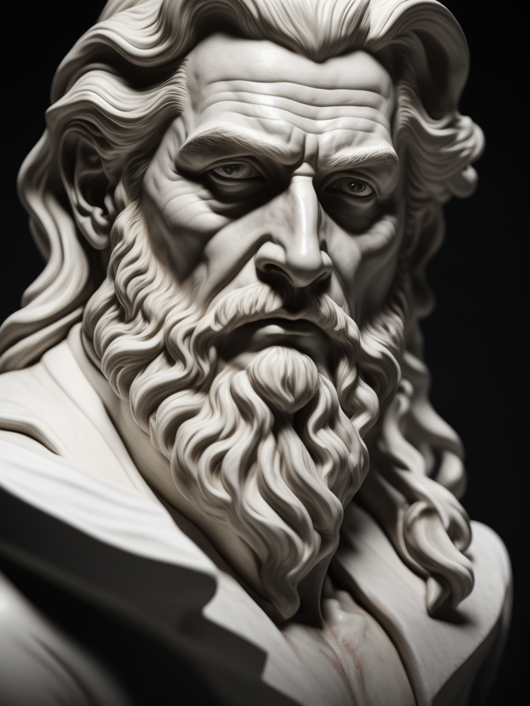 A realistic portrait white greek marble statue of a zeus, black background, moody, angry, photorealistic, movie scene, super detailed, hyperrealistic
