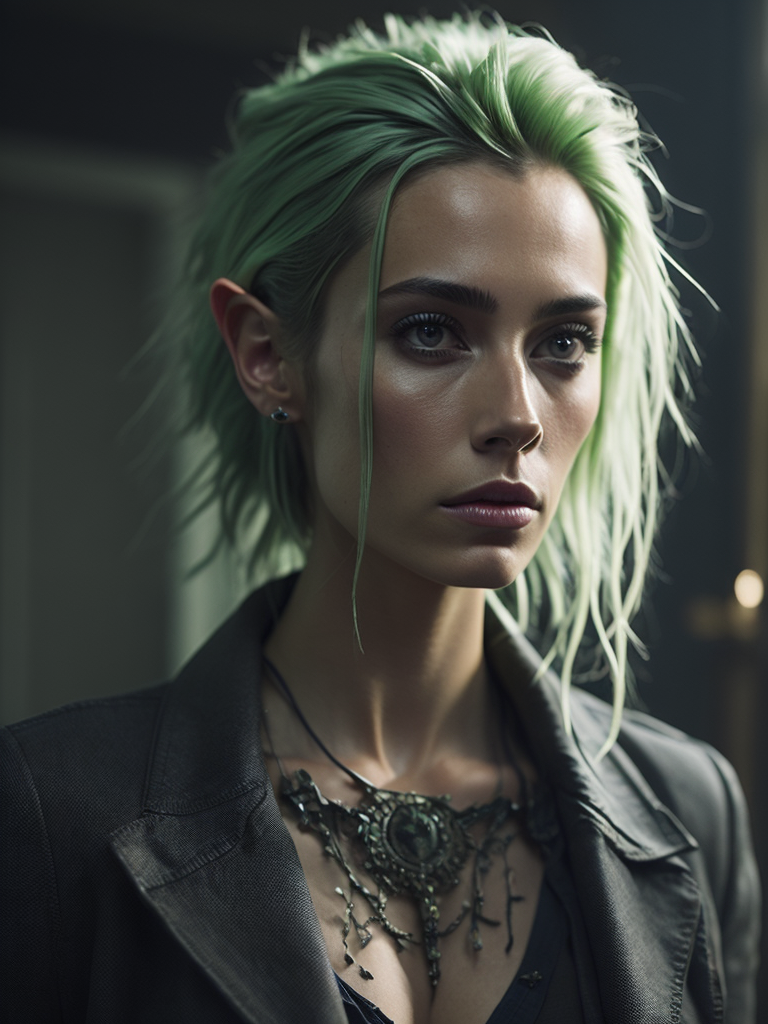 woman, green hair, black eyes, elf, tatto