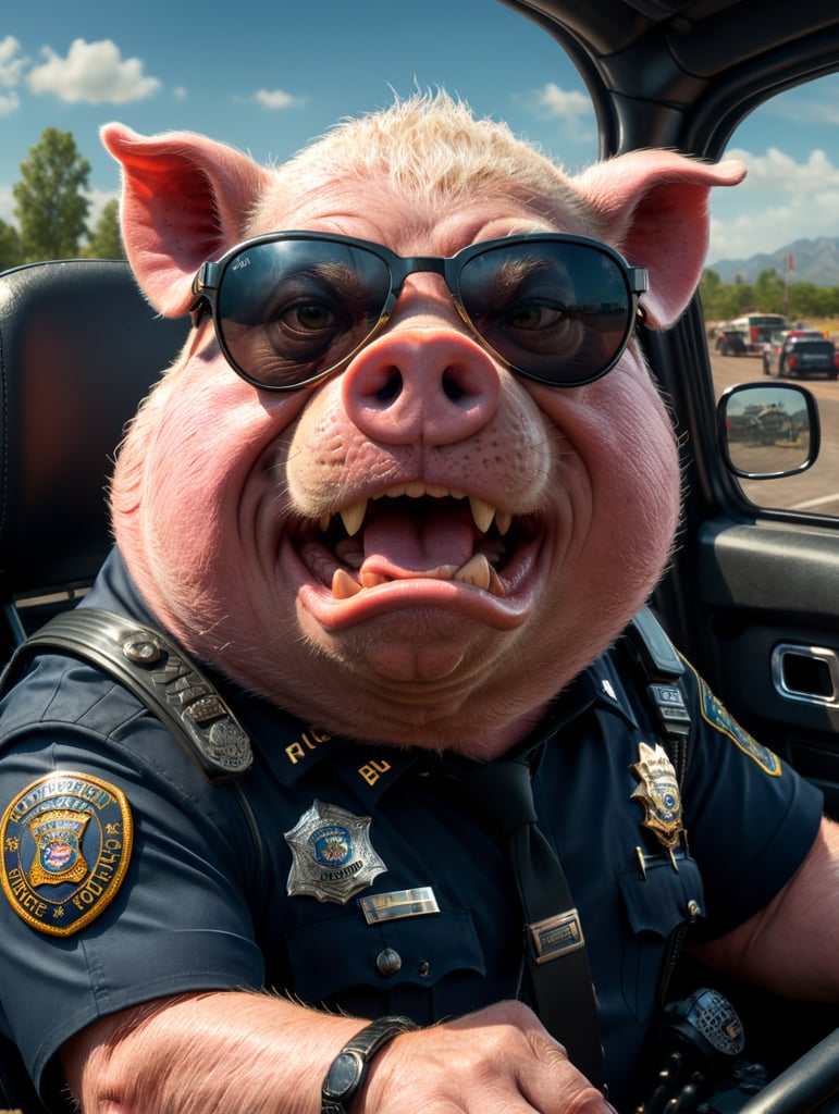 A angry pig police officer, sitting behind the wheel of a police car, close-up shot, sunglasses, clipart, stock photo