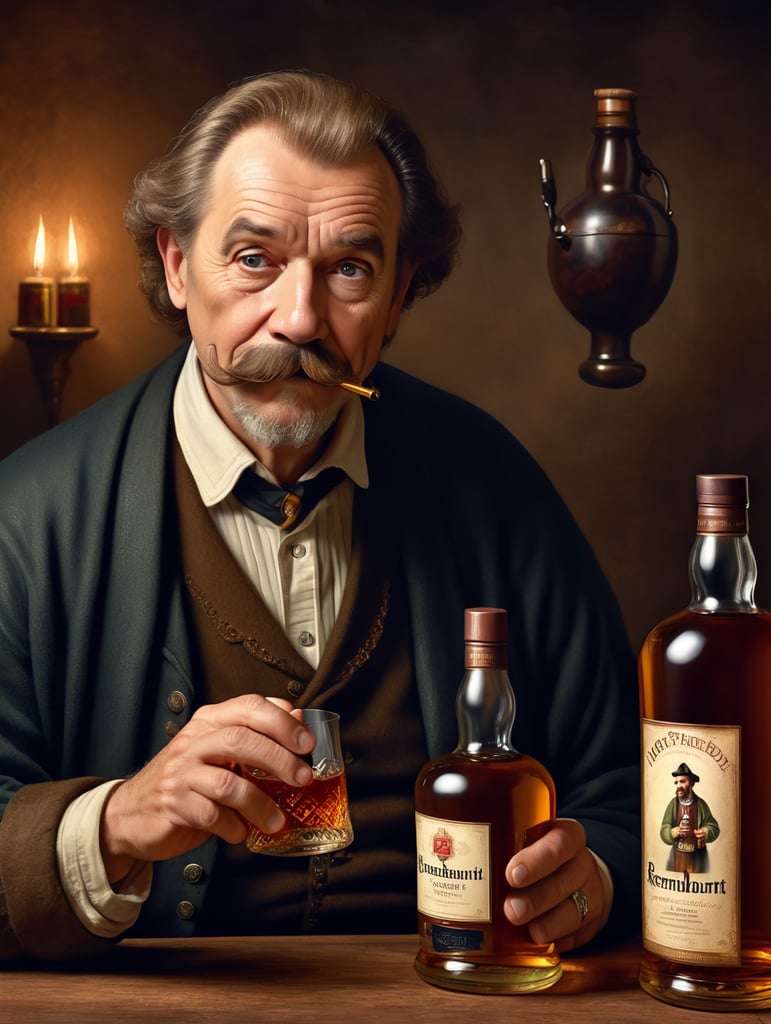 A 60 year old man with brown hair, a moustache and goatee admires a bottle of scotch whisky. In the style of Rembrandt, hyperrealistic, high resolution, detailed, antique painting, medieval.