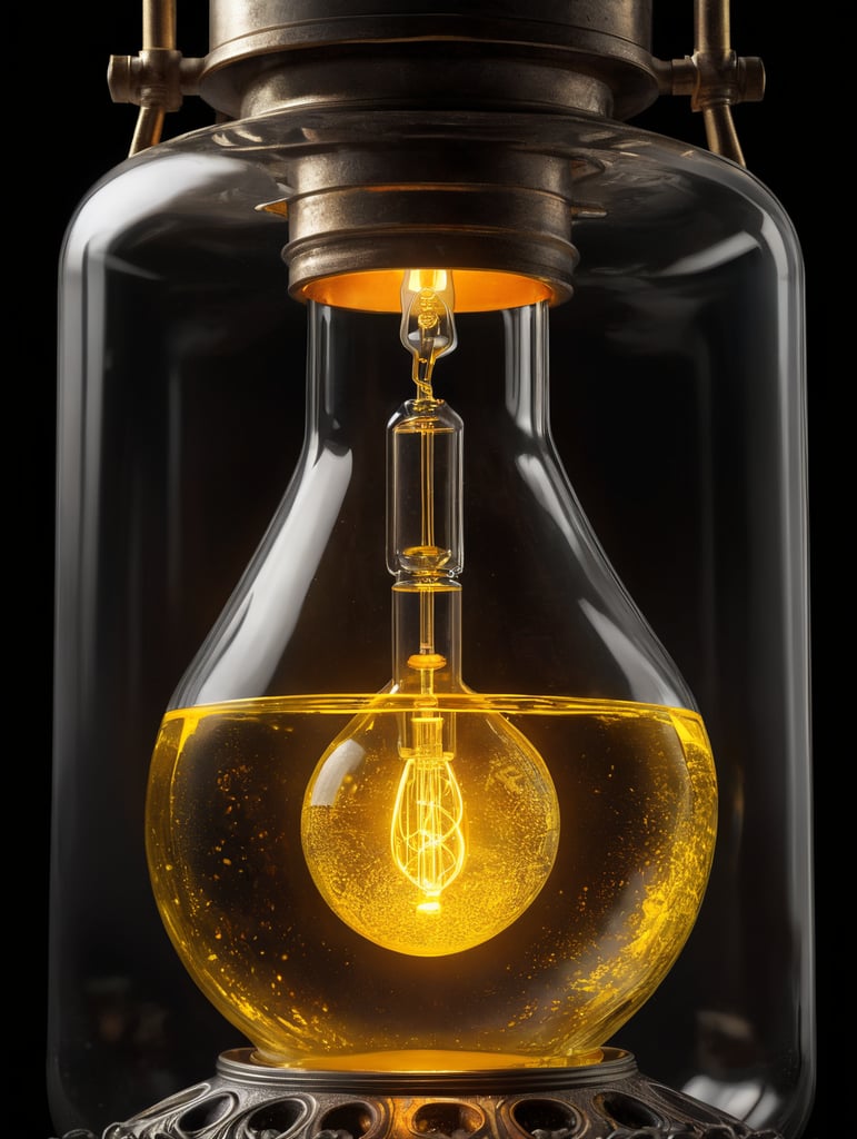 An Erlenmeyer flask tube with a yellow glowing liquid looking like a bulb lamp, black background