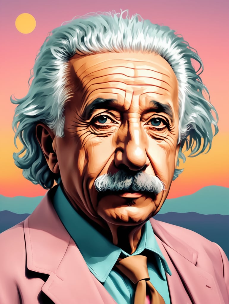 pop art comic style popular photo Albert Einstein, stylish, sunset, pastel colors --quality 2 --s 750 --v 5.2