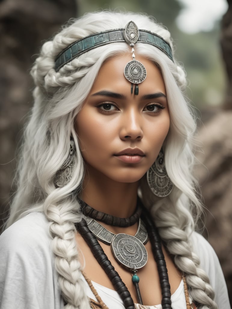 Young beautiful mayan priestess. With White hair.