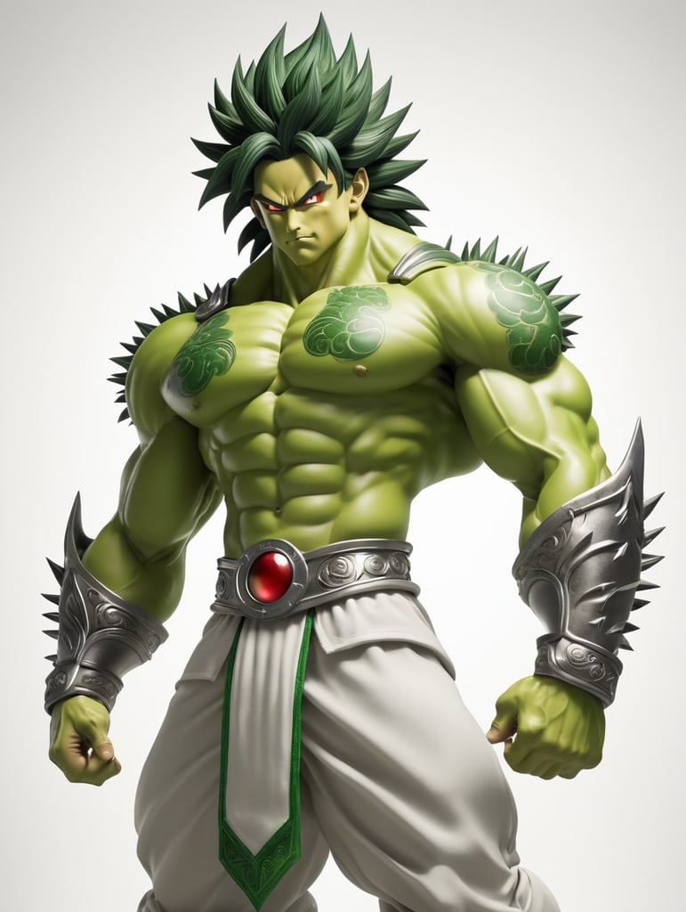 fullbody of a broly dragonball art style for Broly is a large, muscular Saiyan with a light skin complexion. He has black, spiky hair that reaches his mid-back, and short bangs framing his forehead. His eyes are a dark green color. Broly's head is his most distinctive feature. It is large and round, with a single, red eye in the center. The eye is surrounded by a yellow ring, and there is a small, black dot in the center of the ring. Broly's forehead is covered in a series of ridges, and he has two antennae that extend from his forehead. Broly's body is covered in a layer of green fur. He has four arms and four legs, and his muscles are well-defined. He has a tail that is about the same length as his body. Broly's skin is a light shade of green. His hair is black, and his eyes are dark green. His fur is also green, fullbody character