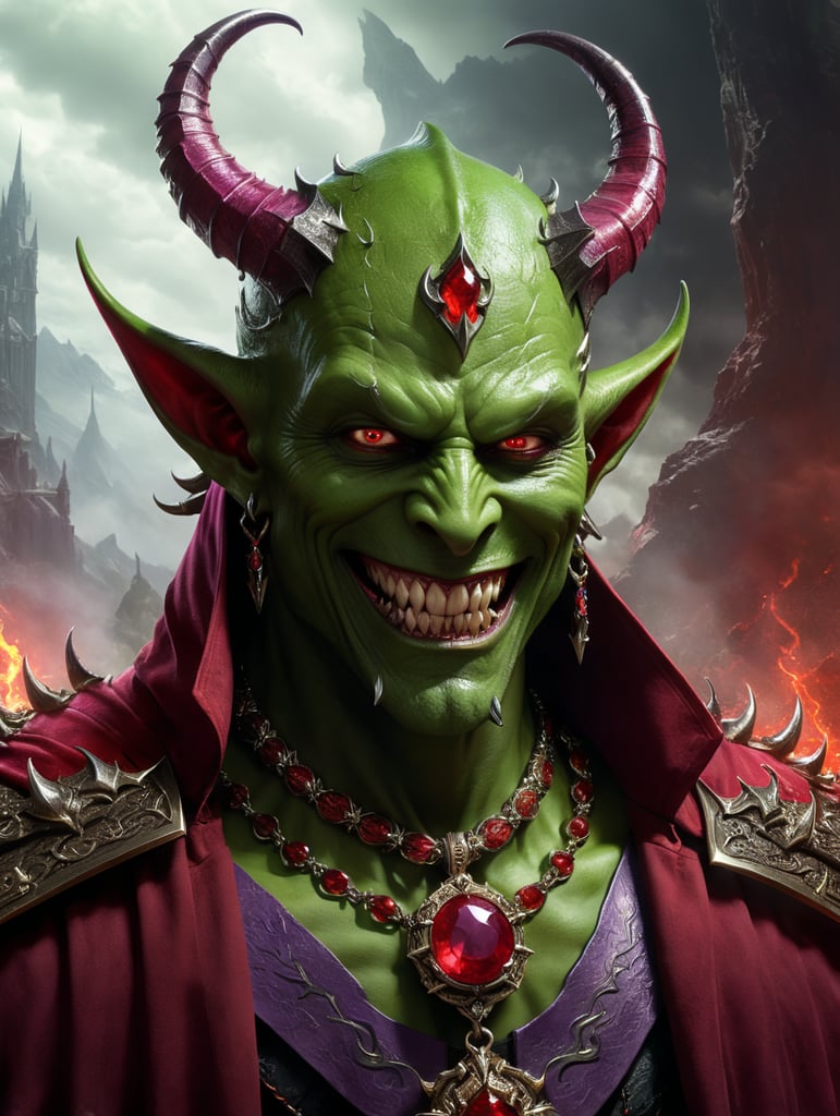 Warlock tiefling devil horns purple eyes fanged smile green power Ruby necklace red cloak