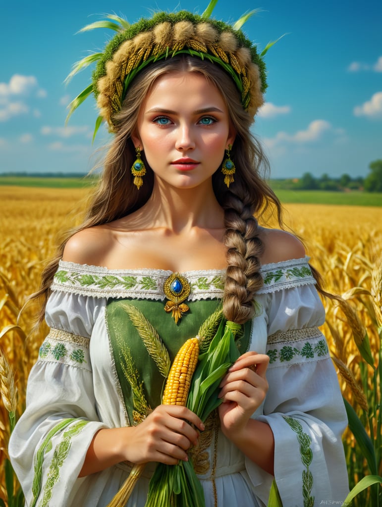 beautiful Ukrainian girl in national dress and a wreath of green rye and ears of corn background of the field