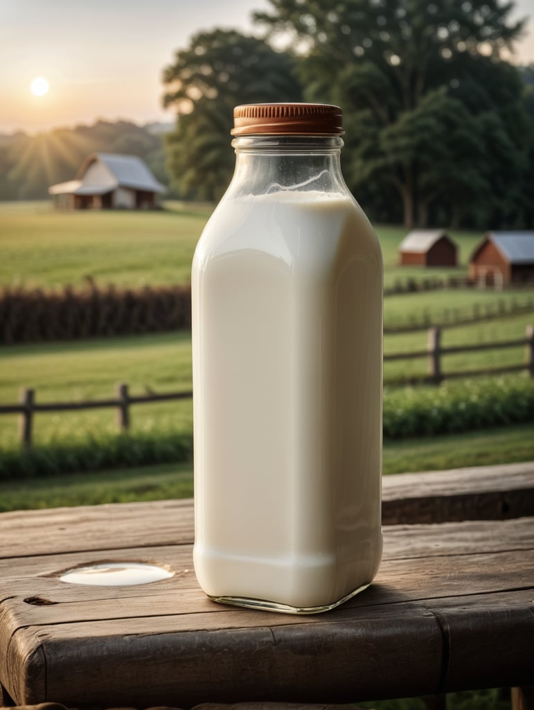 A mockup of a square bottle of milk, early morning, farm blurred background
