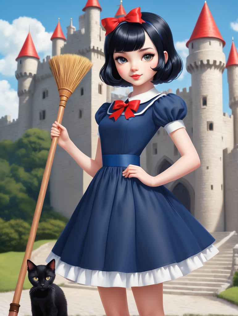 white very beautiful girl with short black hair wearing a red bow on her hair , wearing a very simple short dark blue dress.the girl is holding a big broom in front of a colorful castle along with her tiny black kitty