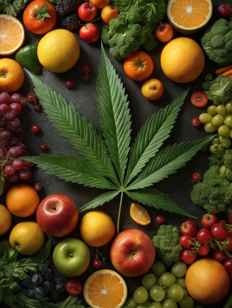 Photorealistic cannabis leaf surrounded by fruit and vegetables