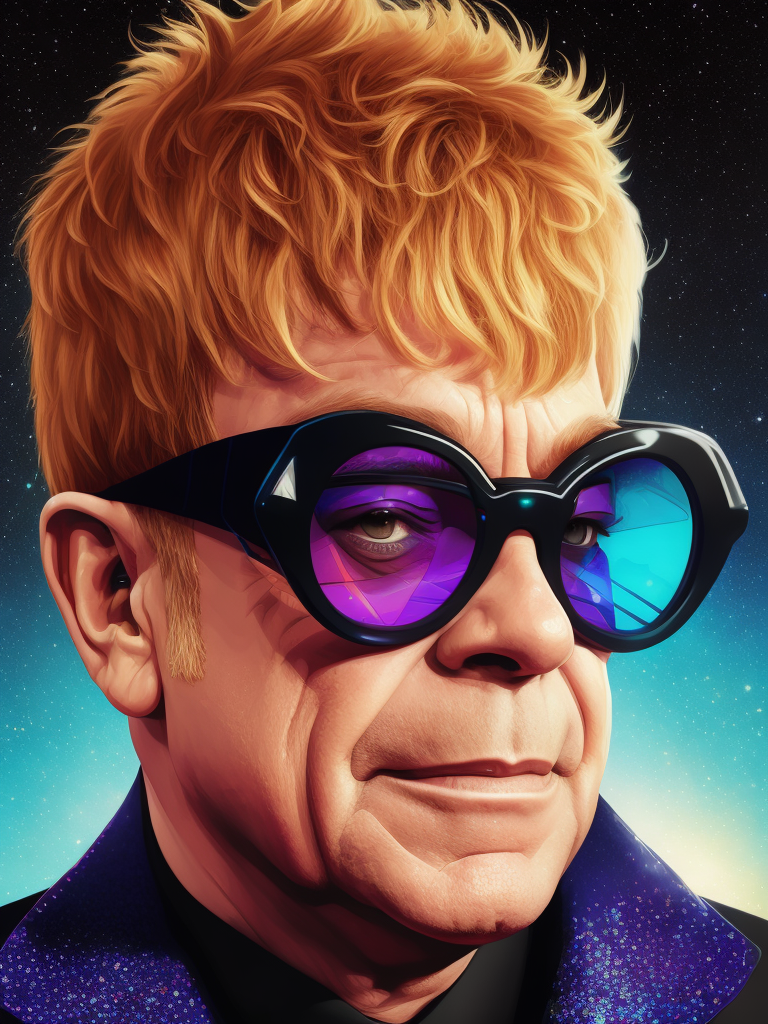 Portrait of Elton John with star-shaped glasses, Against a bright gradient, Vivid saturated colors, Contrast color