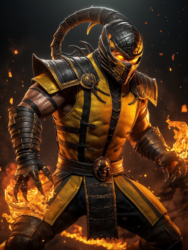 Scorpion from Mortal Kombat, cartoon style, fire