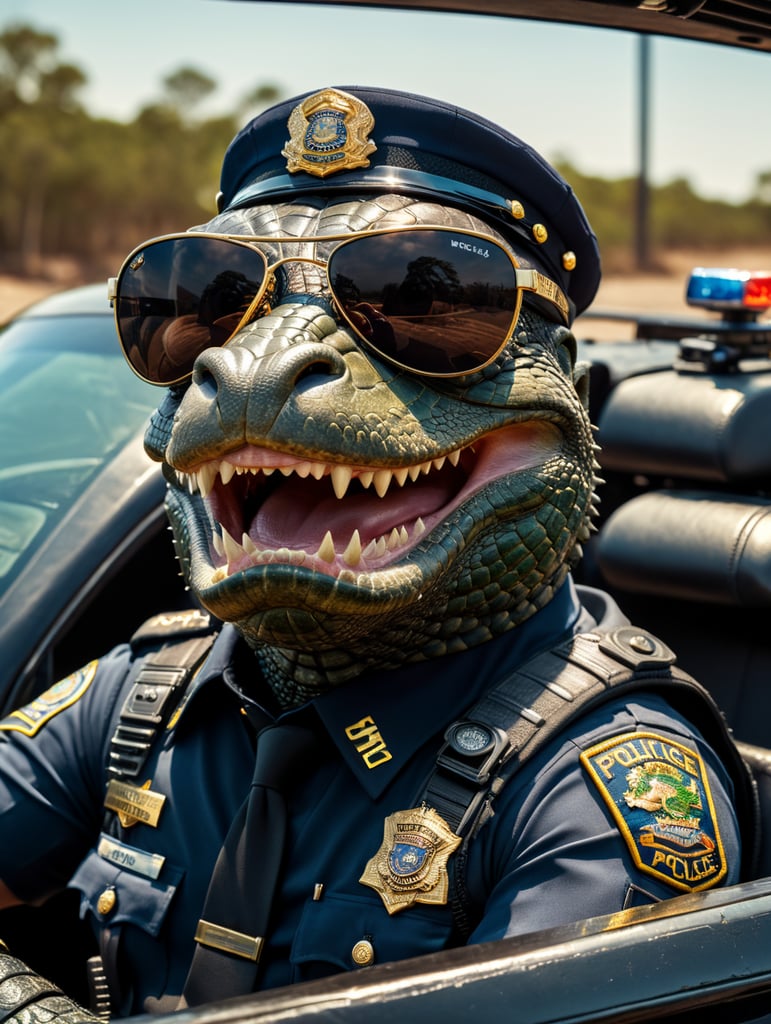 Alligator police officer, sitting behind the wheel of a police car, close-up shot, sunglasses, clipart, stock photo