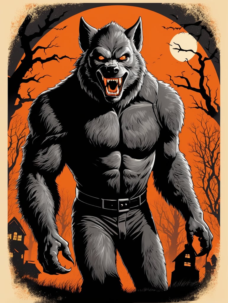 1950's b-movie horror halloween t-shirt print design featuring a werewolf, orange and black hues and lighting