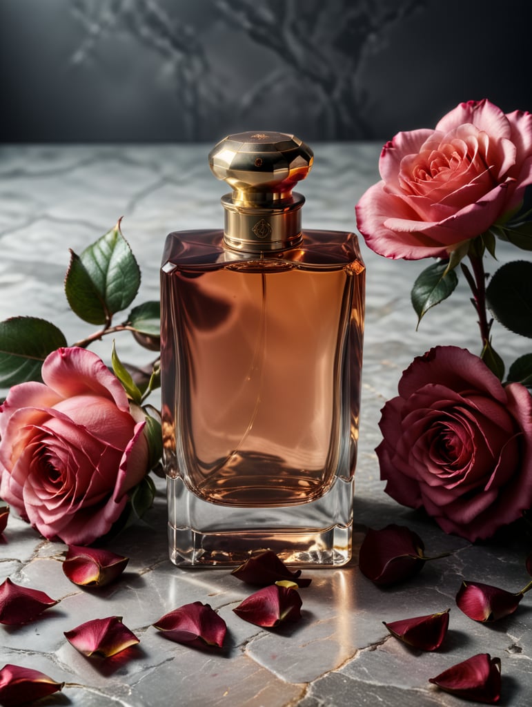 professional photography of a luxury perfume, square bottle, surrounding a rose petals, rose satin scarf on a background, no label, clear, mockup