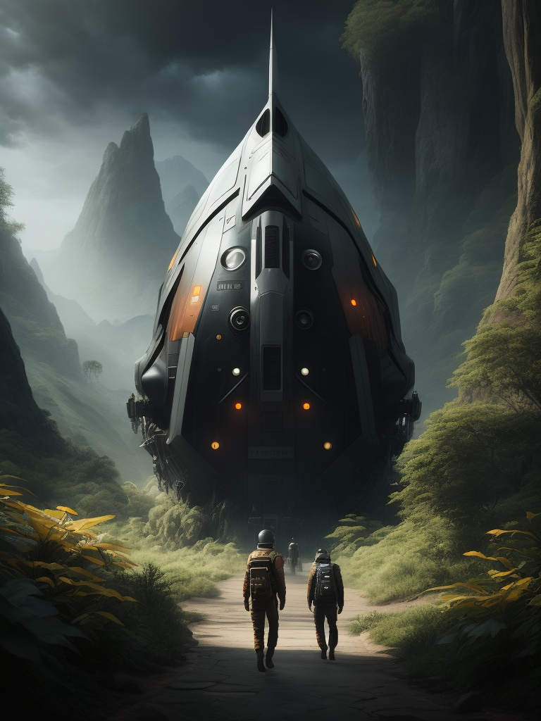 Sci-fi FPS splash screen, a small spaceship in the foreground, a group of spacemen walking away, impressive vegetation, fantasy creatures in the background, fantasy vegetation, Unreal Engine 5, developed by dice, cinematic colour, Ultra-details, 4k