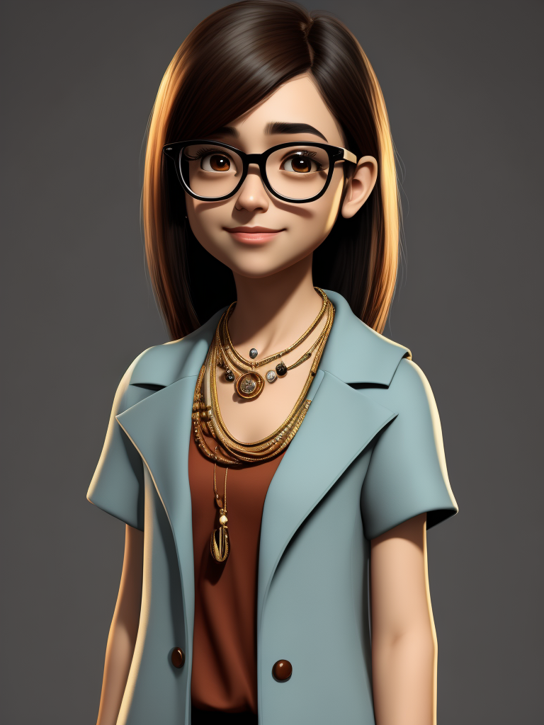 Girl, black hair, Brown eyes, glasses and necklace, Full body, standing centered, Pixar style, 3d style, disney style, 8k, Beautiful, Pixar style girl with black hair brown eyes glasses and necklace