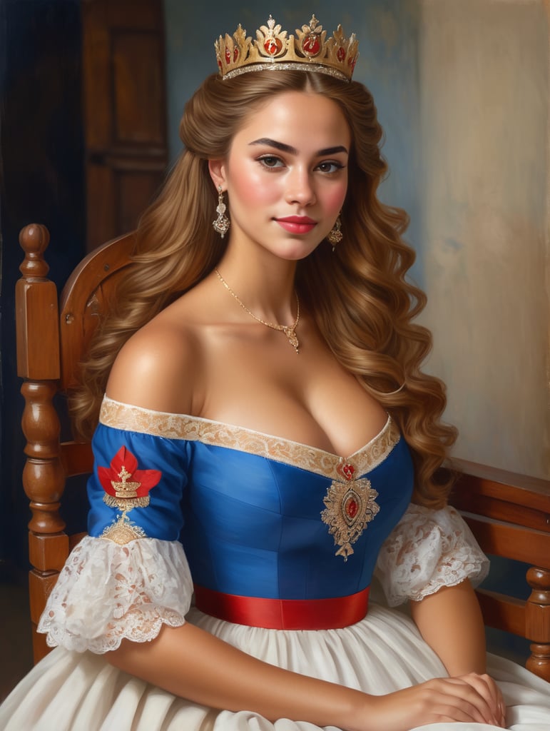 The royal painter of the new Cuba Catholic Kingdom is making a portrait of the young queen, she is sitting posing on a wooden chair, she is beautiful, light cinnamon skin color, golden cinnamon soft curvy hair, beautiful face, sweet expression, wearing royal dress in white, red and blue, with the crown