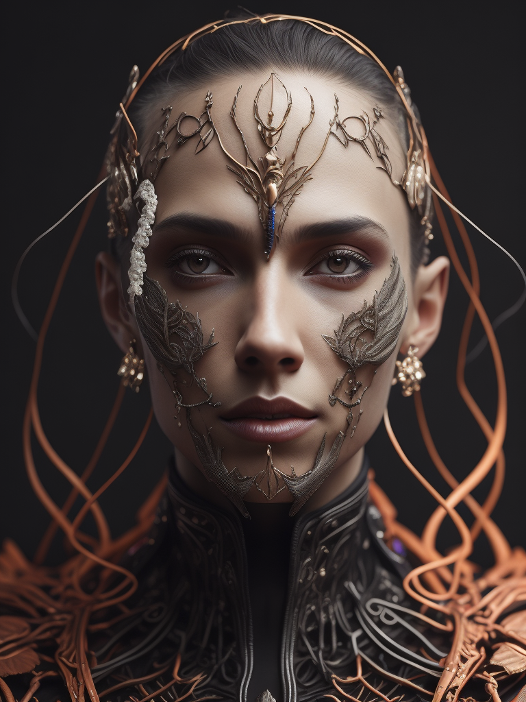 Complex 3d render ultra detailed of a beautiful death angel, biomechanical cyborg, analog, 150 mm lens, beautiful natural soft rim light, big leaves and stems, roots, fine foliage lace, colorful details, samourai, boris bidjan saberi outfit, pearl earring, piercing, art nouveau fashion embroidered, intricate details, mesh wire, mandelbrot fractal, anatomical, facial muscles, cable wires, microchip, badass, hyper realistic, ultra detailed, octane render, volumetric lighting, 8k post-production, red and white with a bit of black, detailled metalic bones, semi human, iridescent colors, glenn brown style,