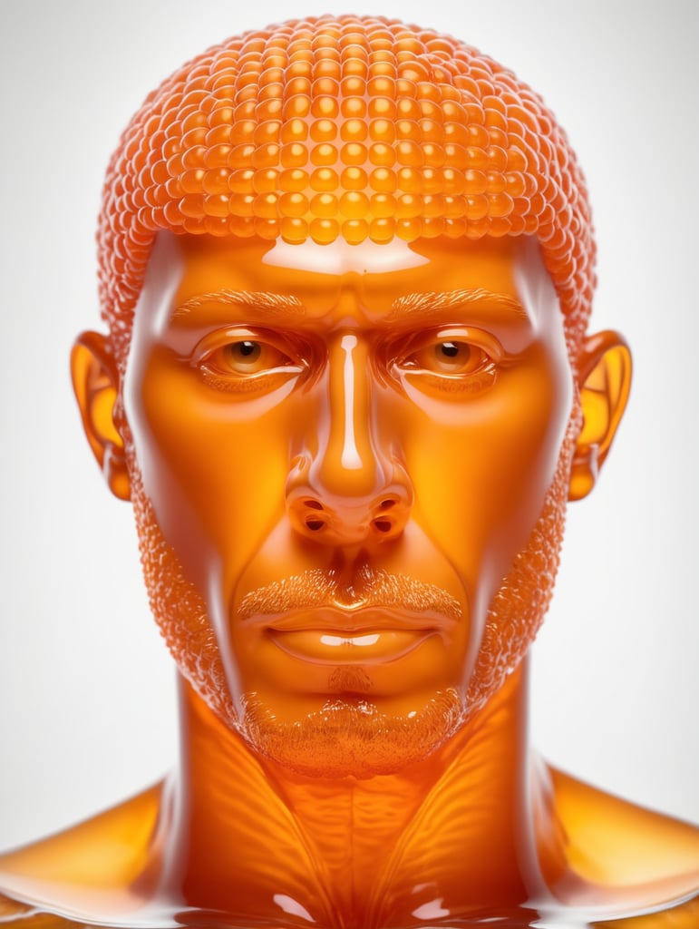 Portrait of a Translucent orange man made from the orange fruit, organs are visible through the jelly, isolated black background