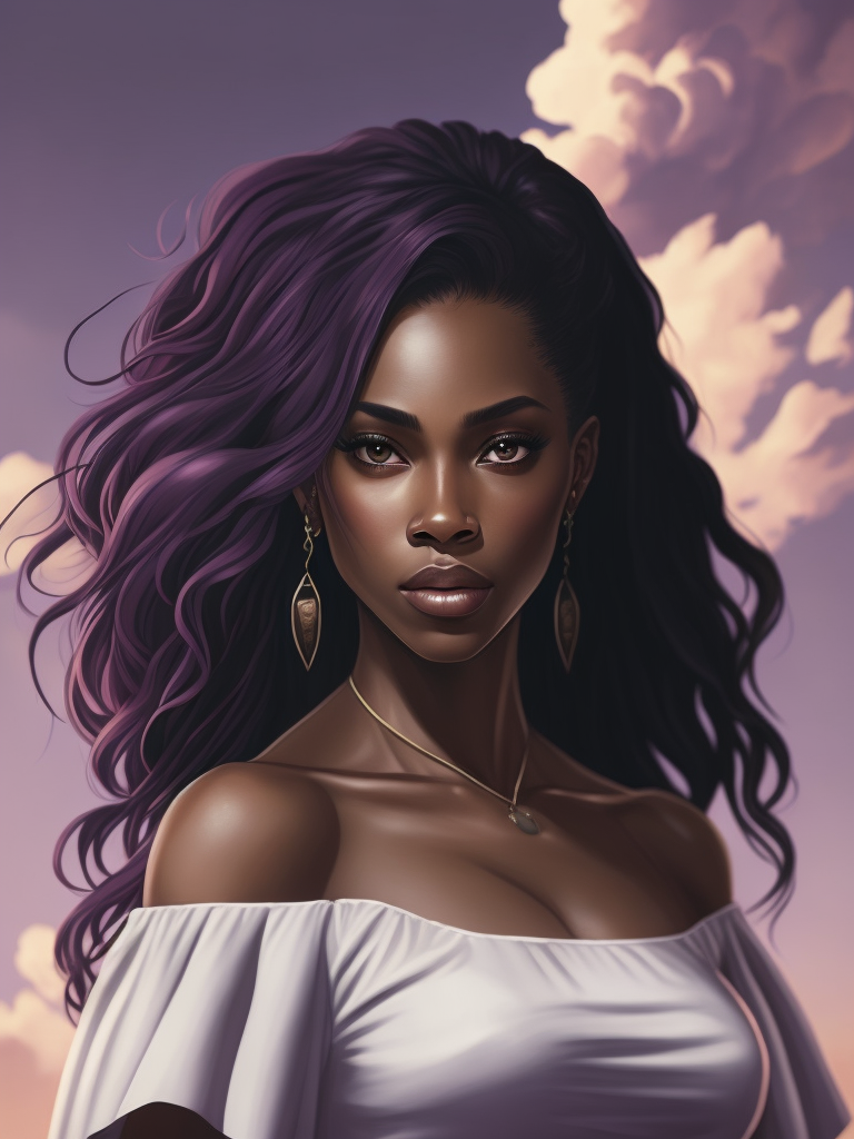 a woman with afro hair and a white shirt is standing in front of a purple sky with clouds and a pink hair, upperbody, midriff, Brom, flat colors, a character portrait, digital art, dark-skinned_female, dark_skin, navel_piercing, off_shoulder, pink_hair, purple_background, sky, long_hair