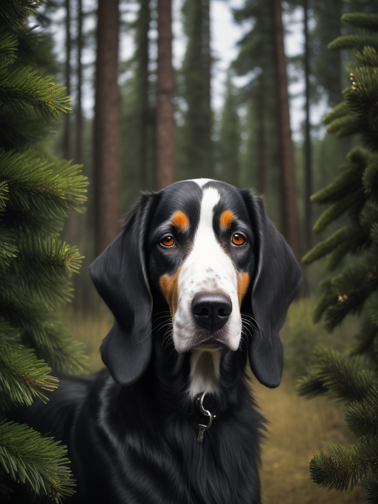 English setter dog portrait surrounded by fir tree forest in black metal outfit