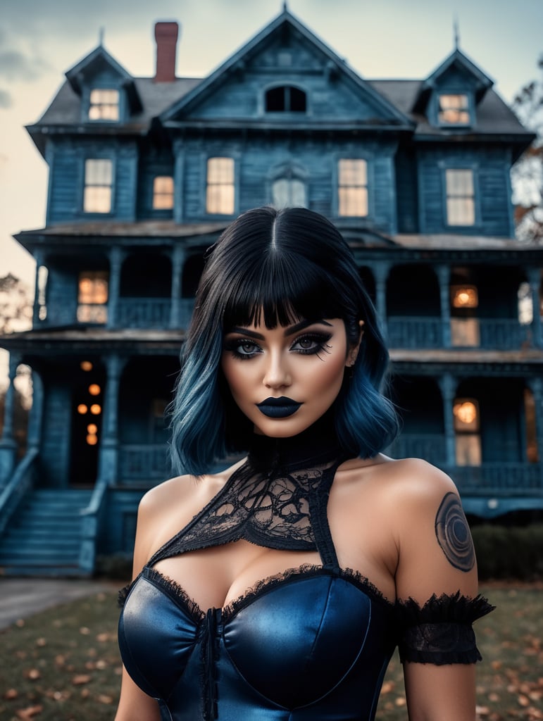 Kylie Jenner in a Halloween costume, scary makeup on her face, dark atmosphere, vintage style, blue and black colors, highly detailed photo, professional photo, against the backdrop of an old creepy house