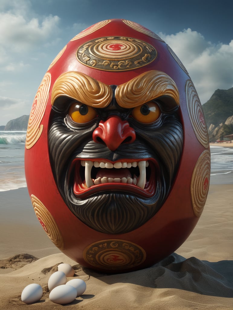 Japanese daruma figure as an egg. Situated on a beach close to the sea. Left eye has no pupil