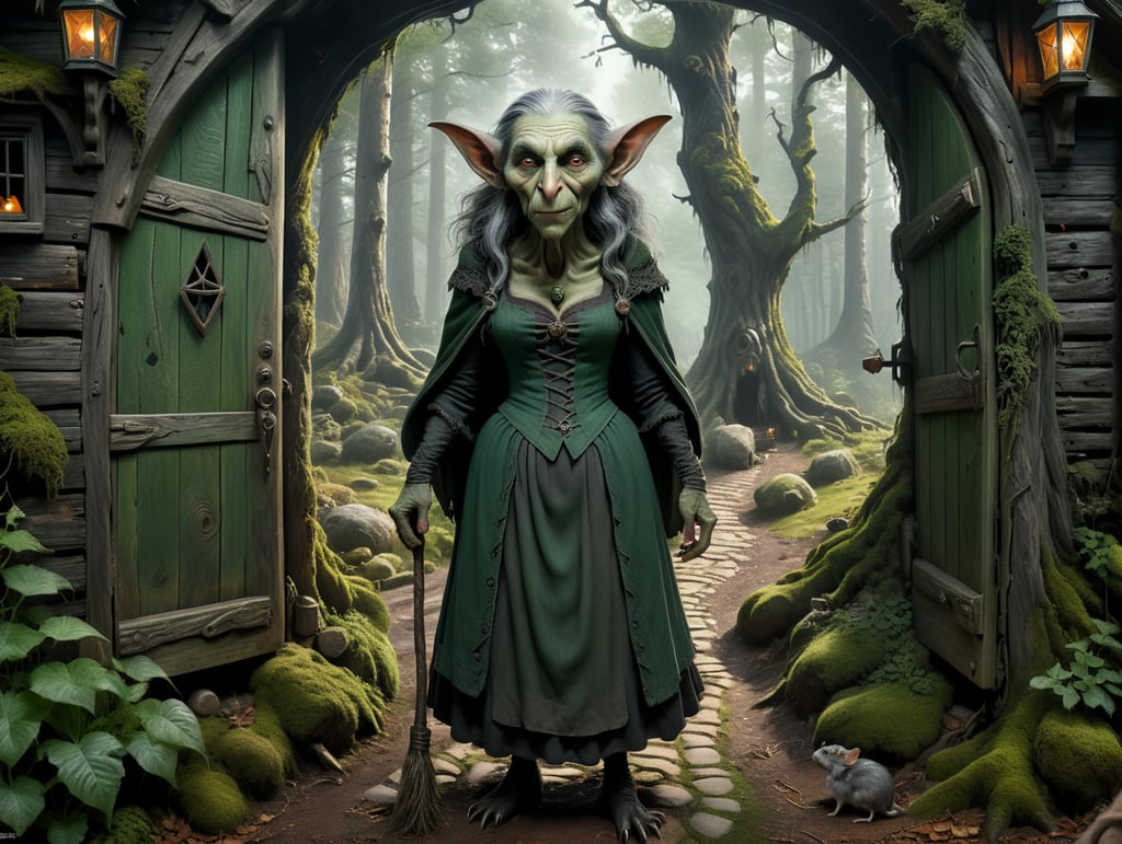 An old witch dressed in dark green, ugly with a big nose and warts, crooked back viewed from the front, grey rat by her feet, standing in the doorway of an old tumbledown cottage in the clearing of a forest. Viewed from the outside.