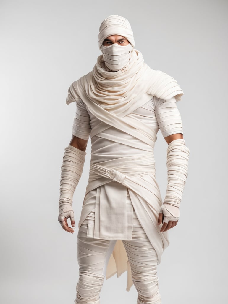 A photograph of mummy costume covered in bandages for a male character with fortnite style, halloween costume, white background, full body